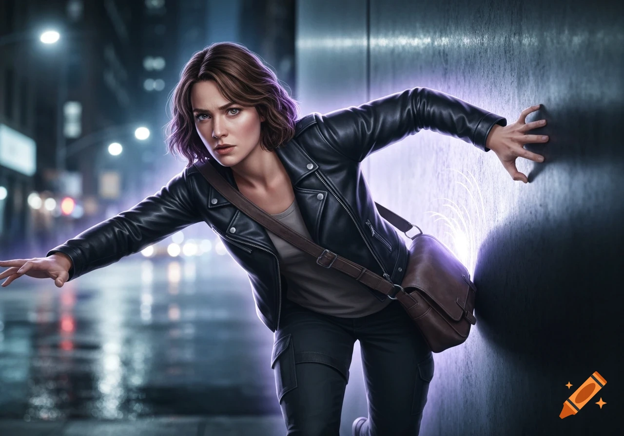 A determined woman in a leather jacket and cargo pants leans against a wall on a rainy city street at night, purple energy emanating from the wall.