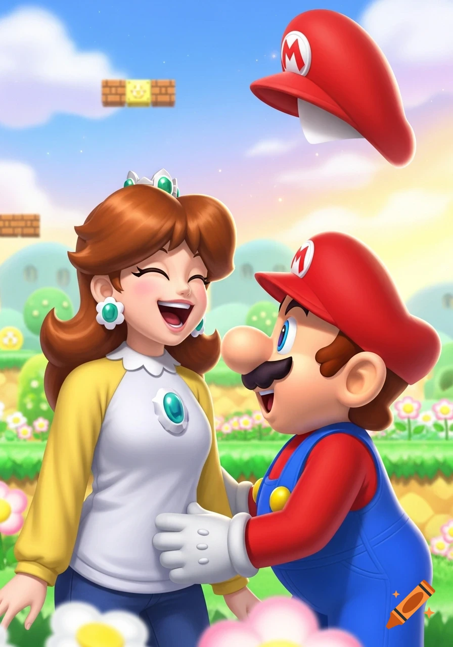 Mario tickles Princess Daisy's belly in a bright, colorful cartoon scene with Super Mario Bros. style blocks and hills in the background. Daisy laughs while Mario looks up at her with a big smile.