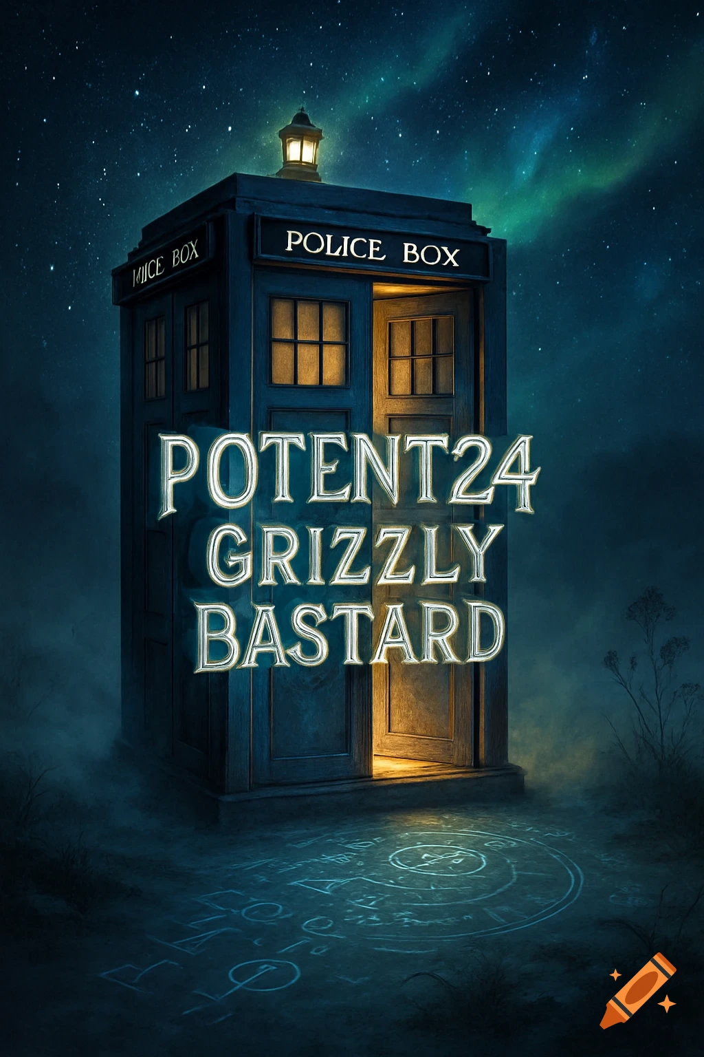 A dark blue TARDIS stands in a misty field under a starry night sky with an aurora. Text 'POTENT24 GRIZZLY BASTARD' is prominently displayed across its front.