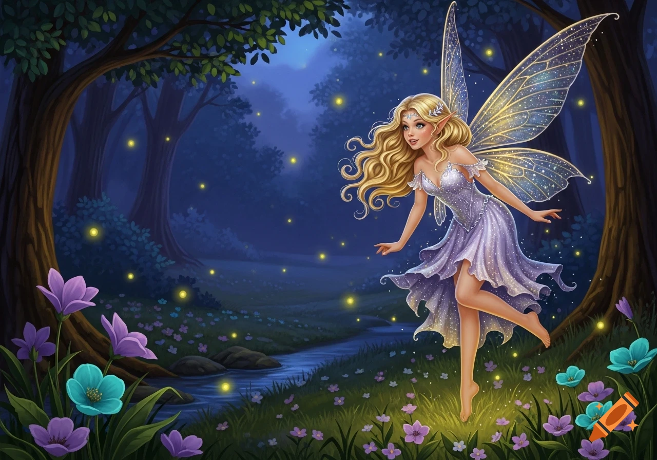 A playful blonde fairy with glittery wings and a shimmering lavender dress floats above a moonlit forest floor with fireflies and flowers.