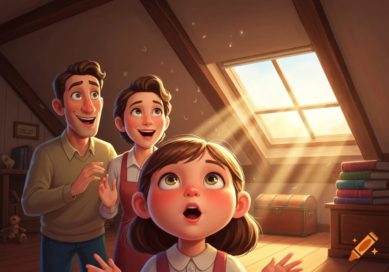 A surprised cartoon family, a man, woman, and girl, look up at sunlight streaming into a dusty attic.