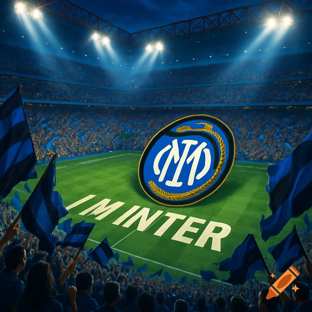 Crowded football stadium at night with fans waving black and blue flags. A large Inter Milan logo and 'I M INTER' are on the pitch.