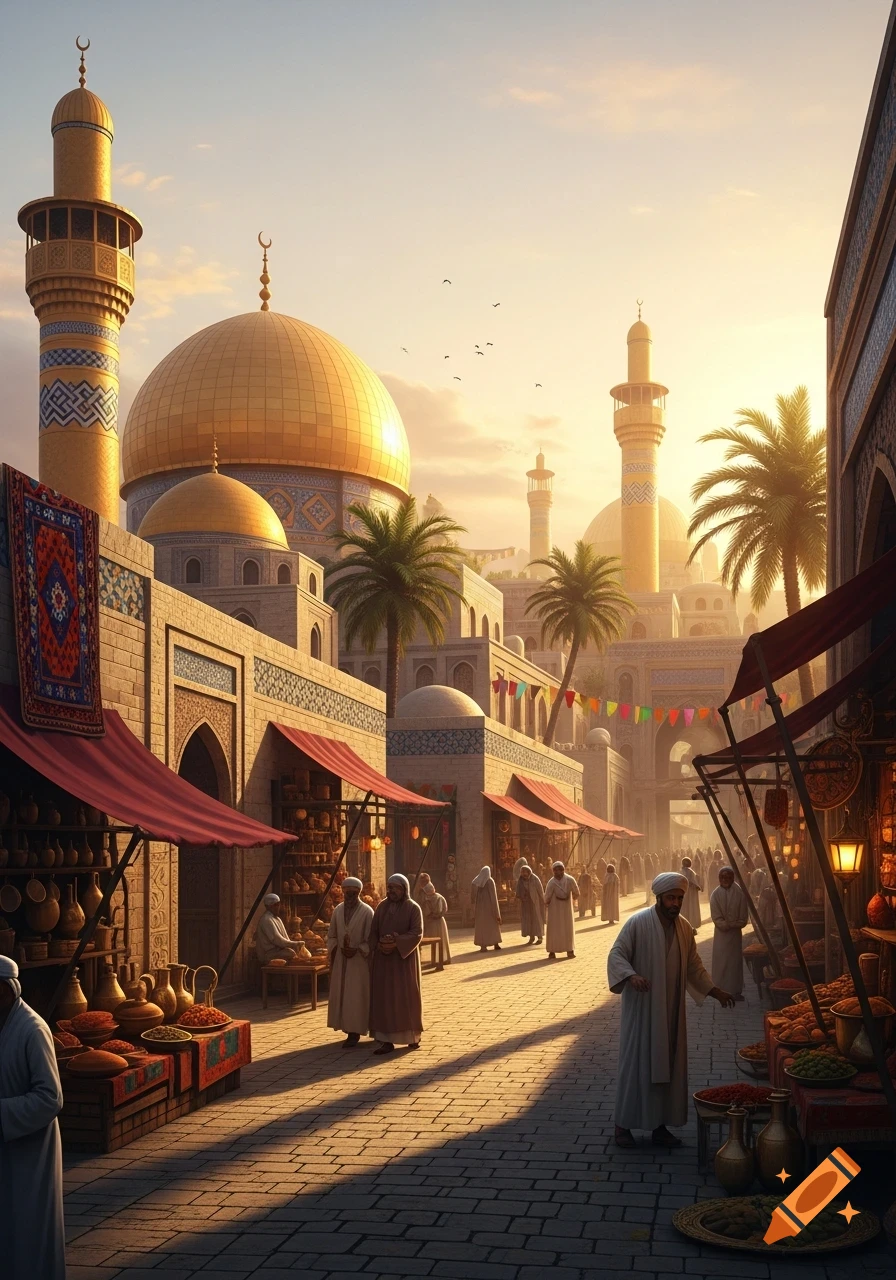 A vibrant marketplace street in an ancient Middle Eastern city at sunset, with a golden-domed mosque and minarets under a clear sky.
