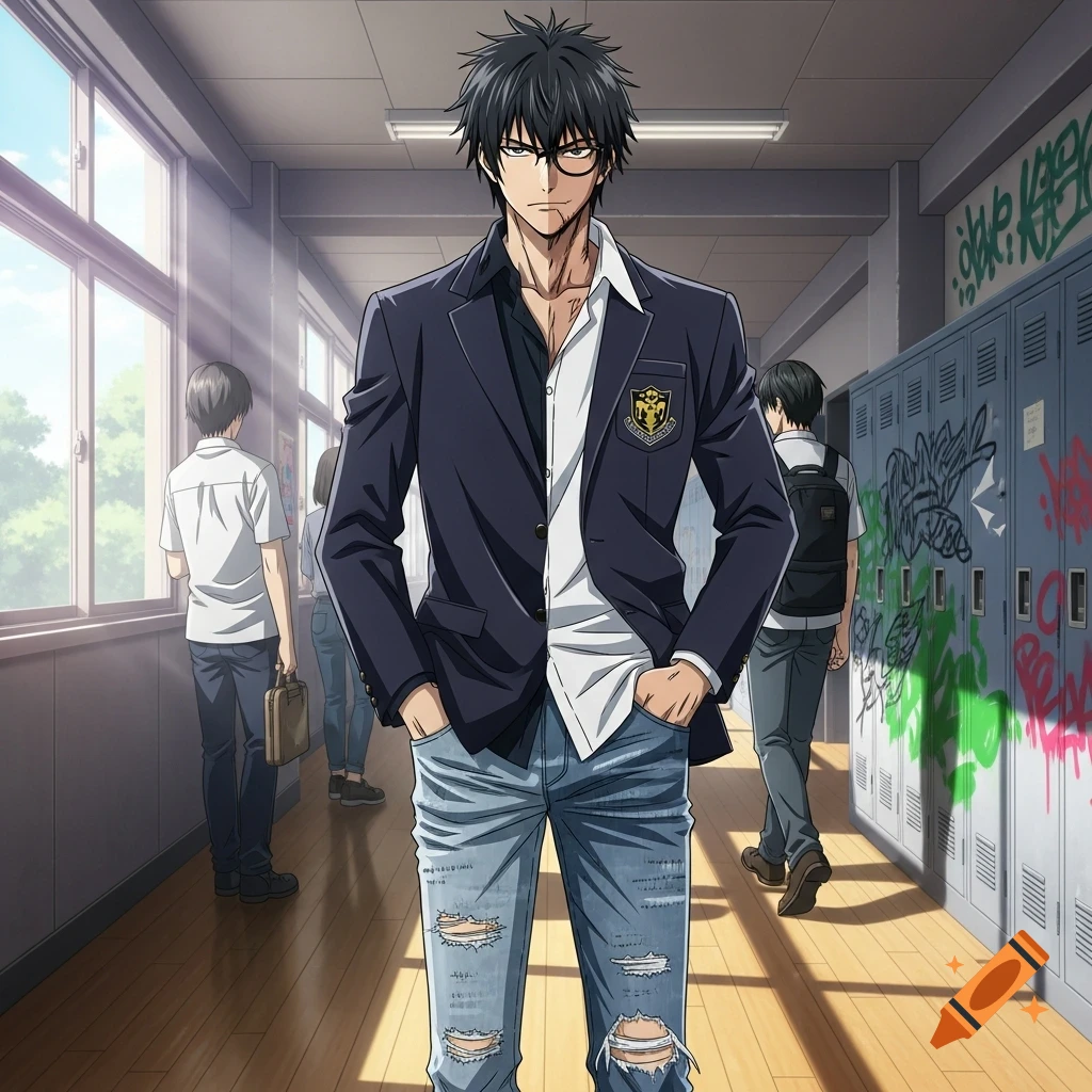 An anime male character with spiky black hair and glasses, wearing a partially unbuttoned school blazer and ripped jeans, stands in a hallway.