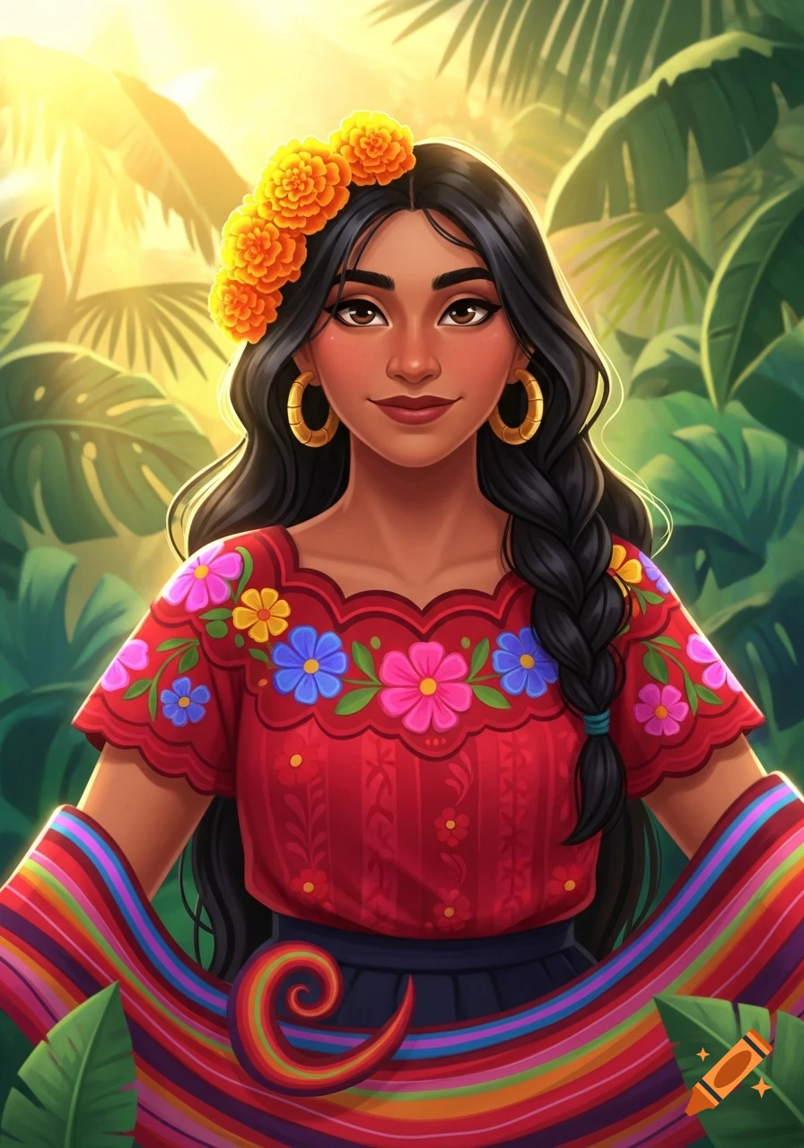A smiling Latina woman with dark braided hair, wearing a red embroidered blouse and marigold crown, stands in a vibrant jungle setting with sunlight.