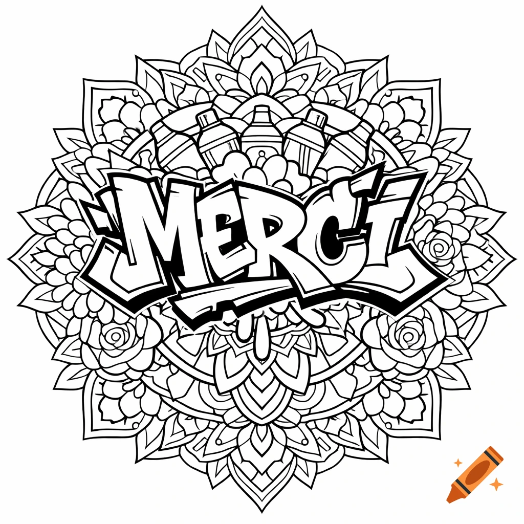 Black and white graffiti word 'MERCI' within an intricate floral mandala coloring page.
