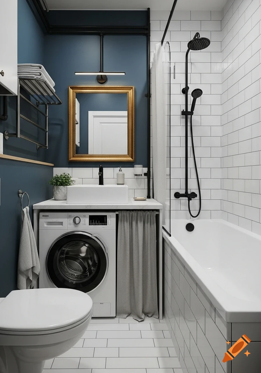 A small, modern bathroom with a white toilet, washing machine under a sink, gold-framed mirror, and a shower-bathtub combo, featuring a deep blue wall and white subway tiles.
