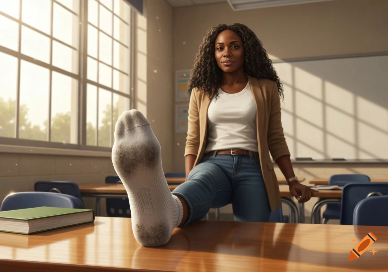 A Black female teacher with curly hair sits on a classroom desk, resting her foot with a dirty white sock on the desk in the foreground, looking directly ahead.