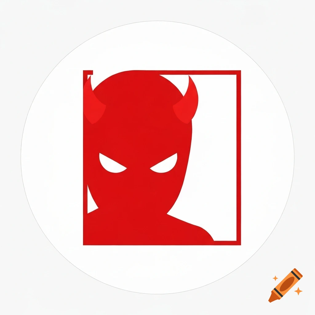 Minimalist red devil icon with horns and white eyeholes, framed by a square on a white background within a circle.