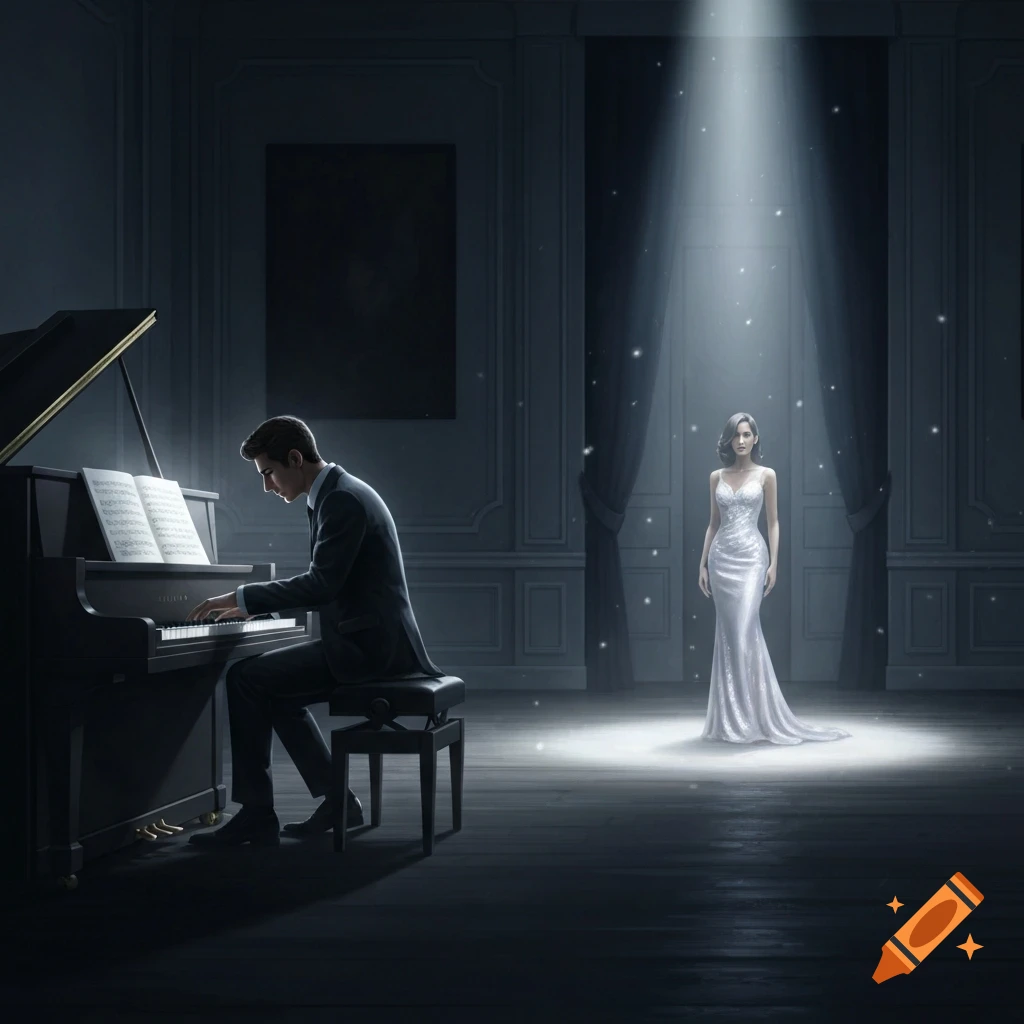 A man in a suit plays a grand piano in a dark room while a woman in a shimmering white gown stands listening in a spotlight.