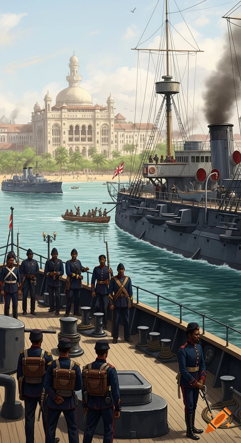 An illustration of soldiers on a warship in a tropical harbor with a large colonial building and another warship.