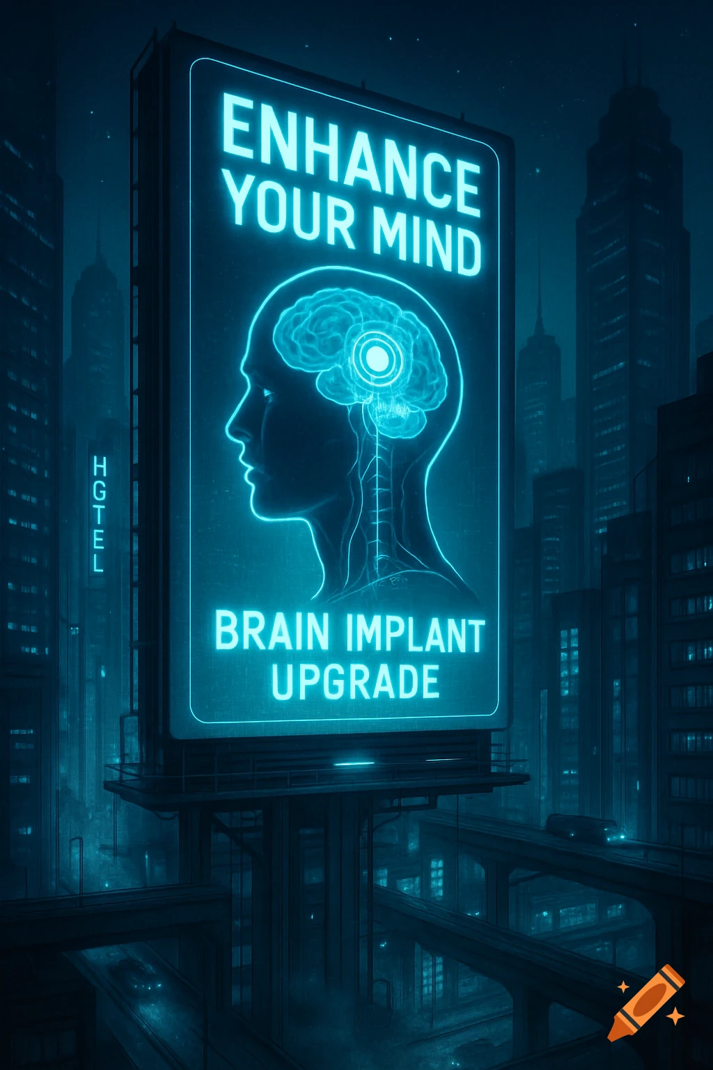 A large glowing neon billboard in a dark cyberpunk city advertises 'ENHANCE YOUR MIND' and 'BRAIN IMPLANT UPGRADE' with a stylized human head.