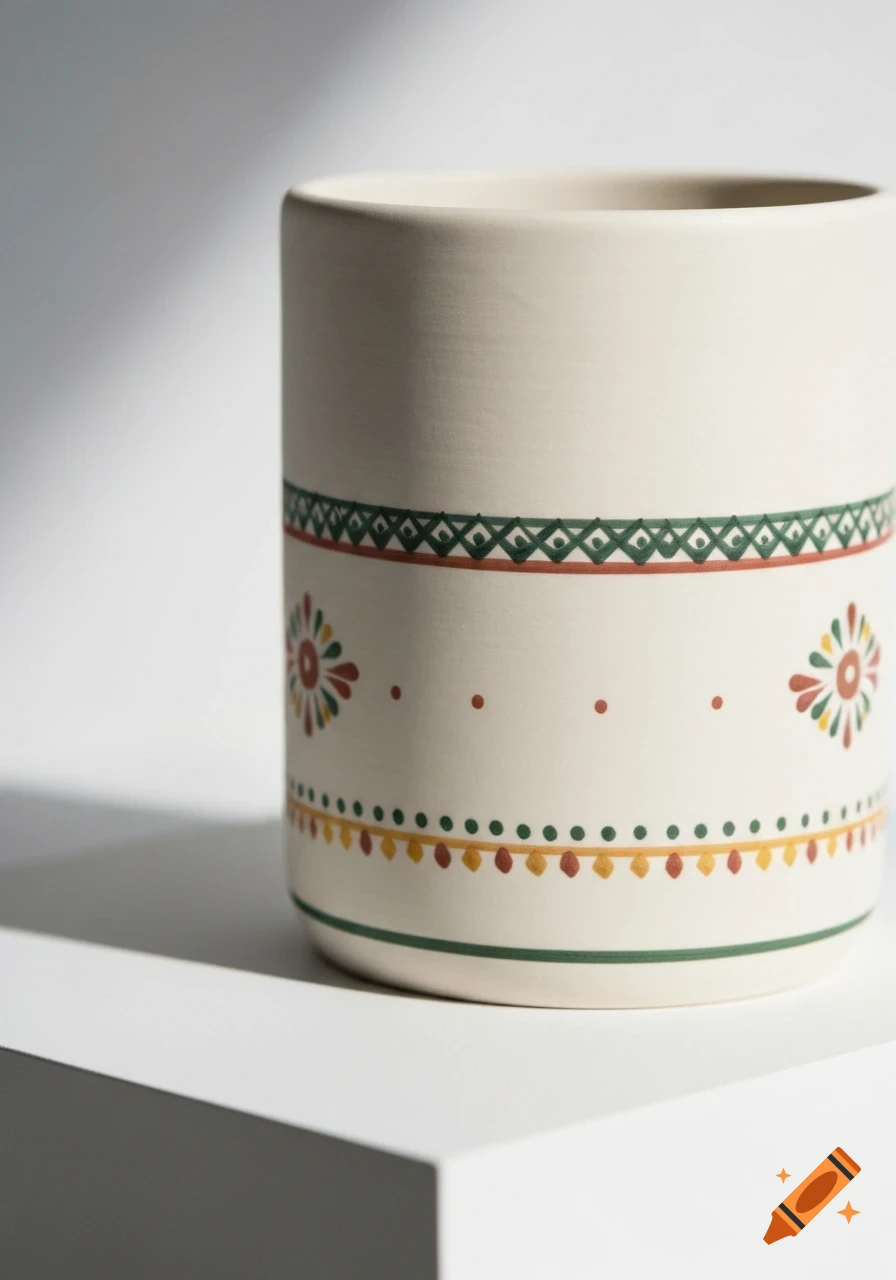 A close-up of a cream-colored cylindrical container with hand-painted green, red, and yellow ethnic patterns, casting a shadow on a white surface.