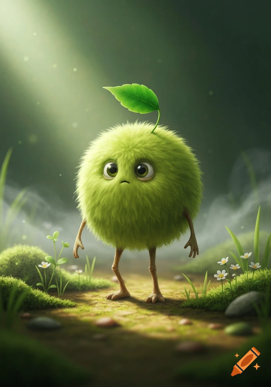 A fluffy green monster with stick legs, a leaf on its head, and a sad face stands on a mossy forest path in soft light.