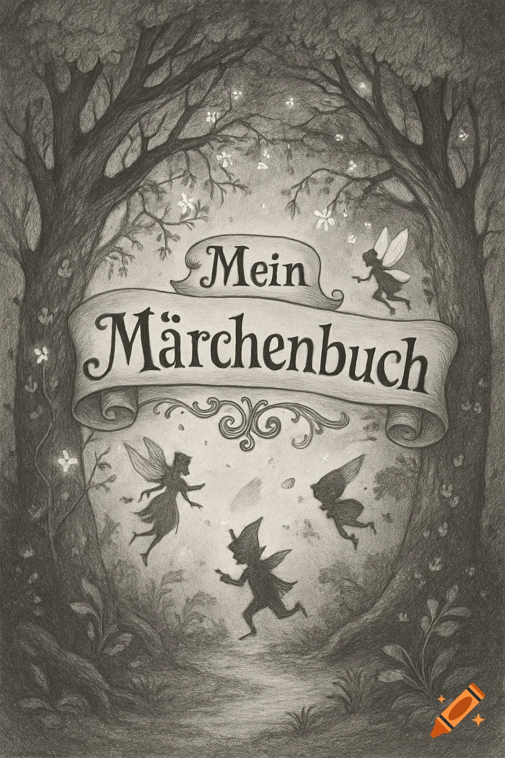 A black and white pencil sketch of a fairy tale book cover with fairies and trees, titled 'Mein Märchenbuch'.