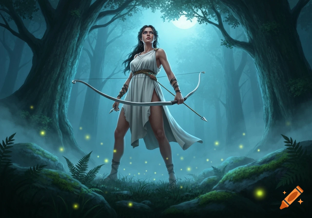 A fierce female archer, reminiscent of Artemis, in a white tunic stands in a mystical, moonlit forest with glowing fireflies.