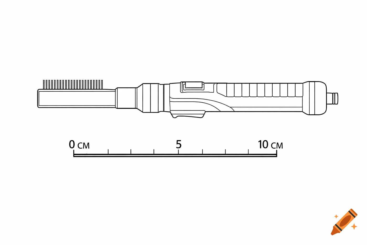 Black and white technical blueprint of a handheld space tool, an electrostatic dust mitigation wand, with a 10cm metric scale bar.