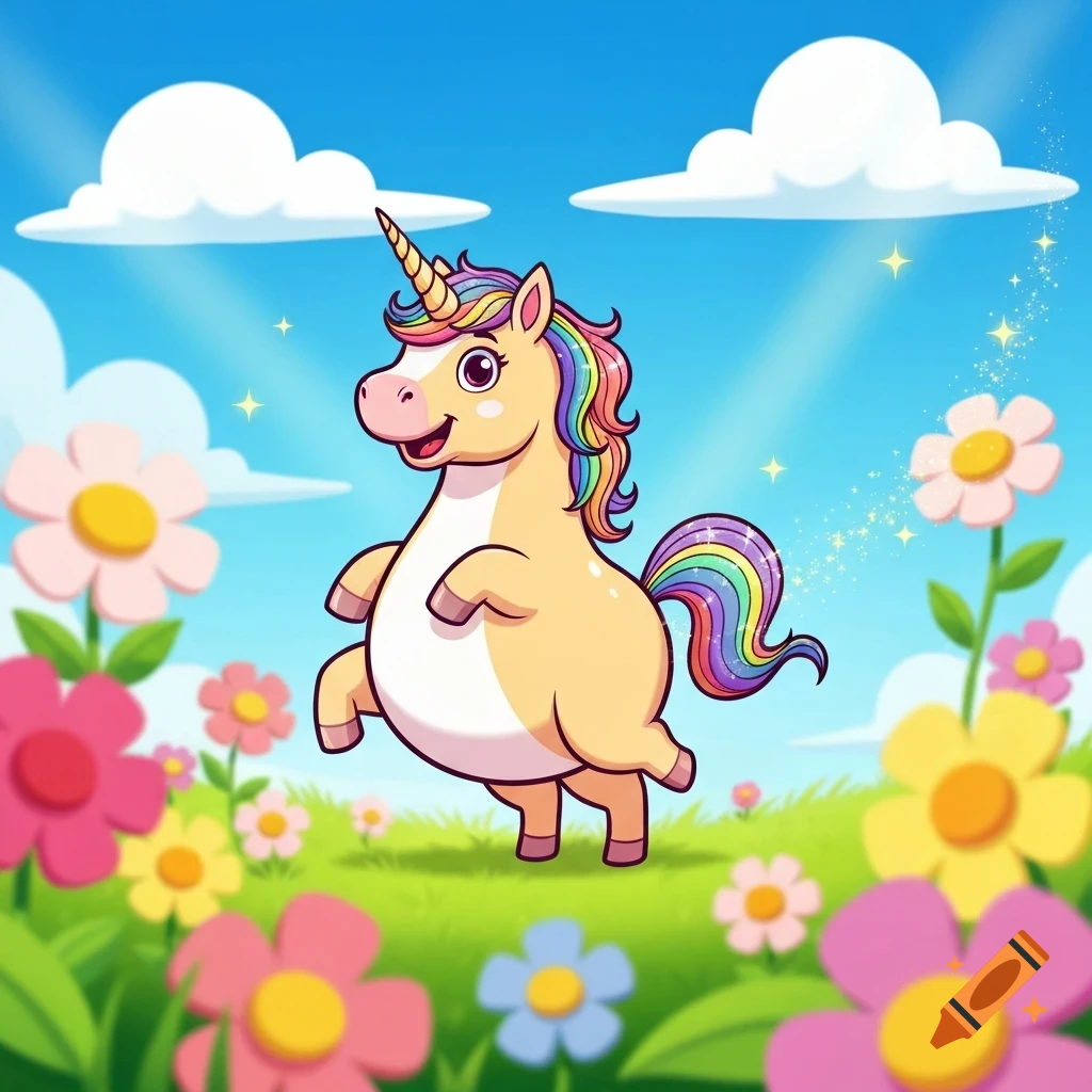 Vibrant cartoon unicorn prancing in a green field with colorful flowers, under a blue sky with clouds and sun rays.