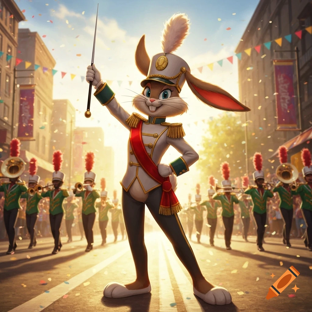 A cartoon rabbit in a marching band uniform leads a parade on a sunny street with confetti.
