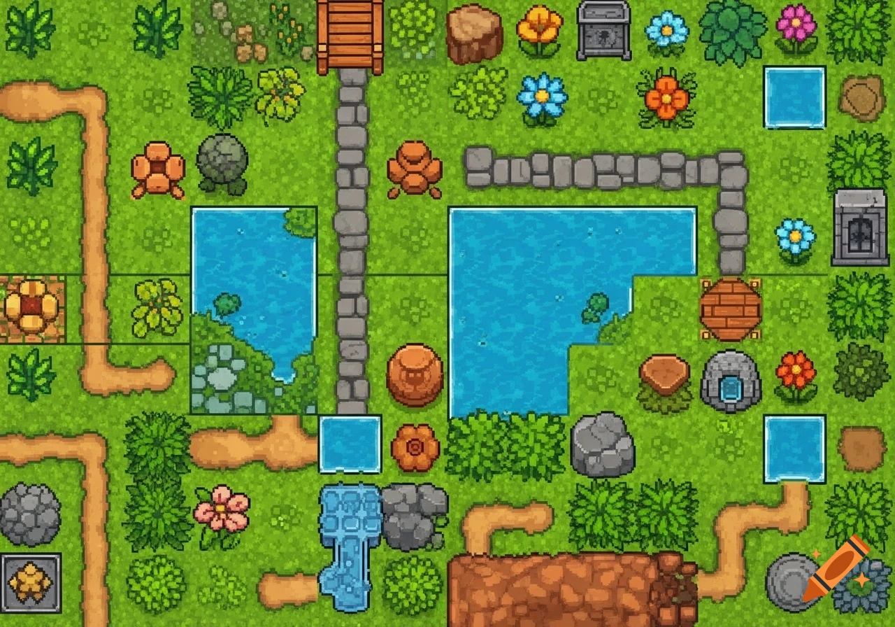 A top-down view of a colorful 2D pixel art game tile set featuring grass, dirt paths, water, various plants, rocks, and structures.