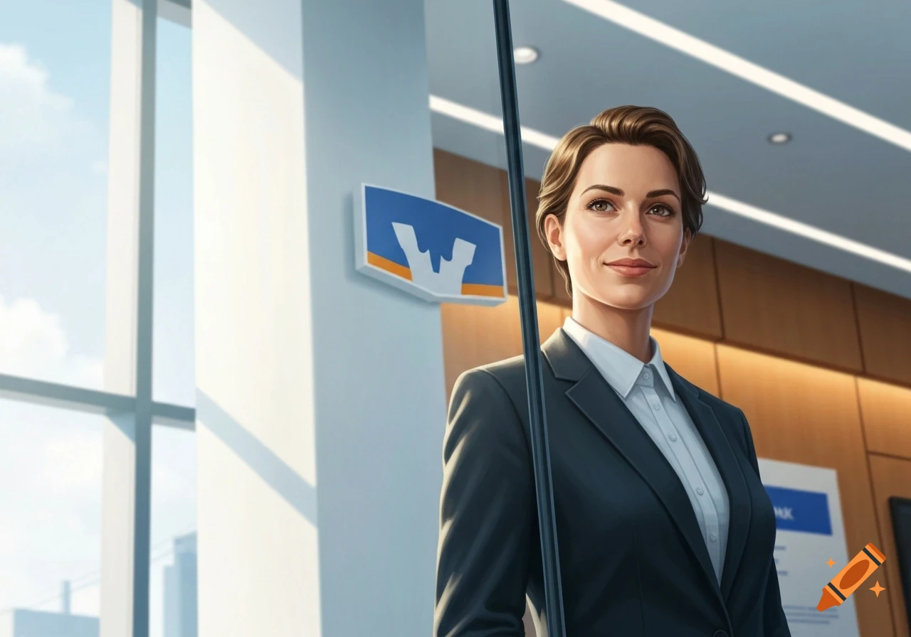 A smiling woman in a dark suit and white shirt stands in a modern office with a blue and orange logo on the wall.