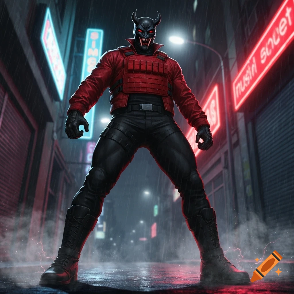 A demon-masked figure with red eyes and fangs wears a red jacket, black tactical vest, and black pants, standing in a rainy city alley under neon signs.