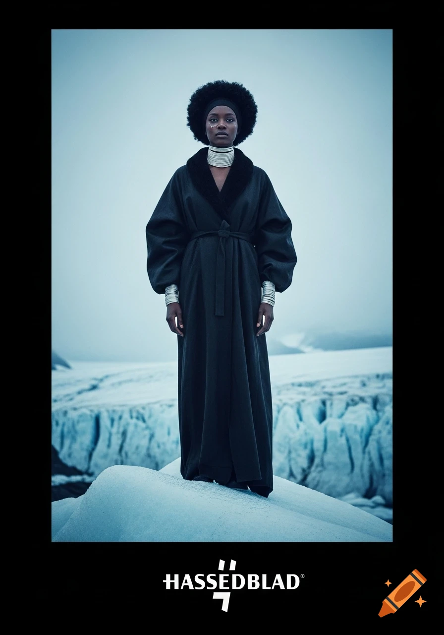 Afrofuturistic woman in a dark robe and large afro, standing on a glacial ridgeline under a moody sky, cinematic.