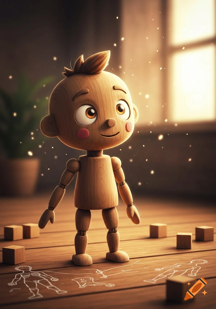 A cute, wide-eyed wooden puppet stands on a wooden floor with scattered wooden blocks and chalk drawings, bathed in magical light.