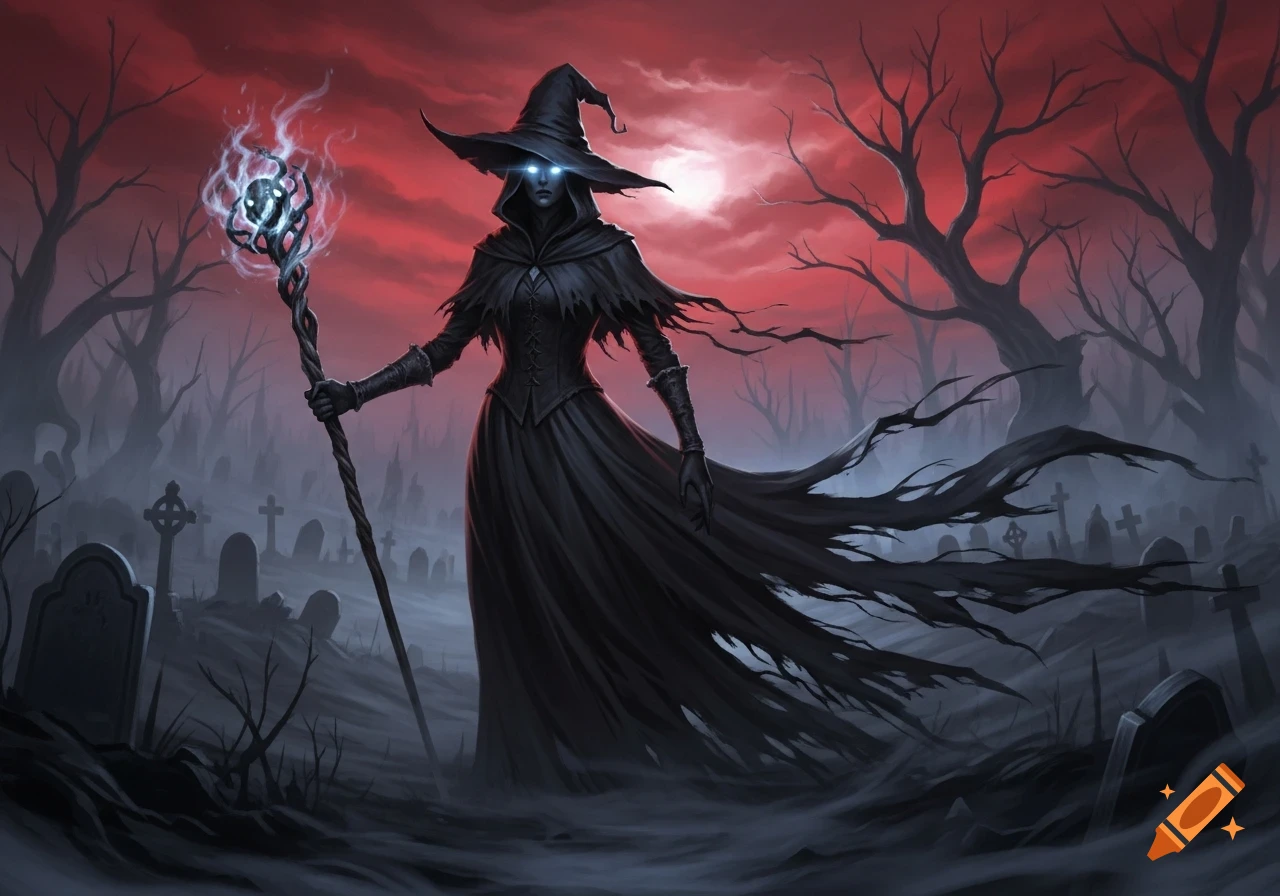 A cloaked witch with glowing eyes holds a staff in a misty graveyard under a blood-red sky. Dark fantasy art.