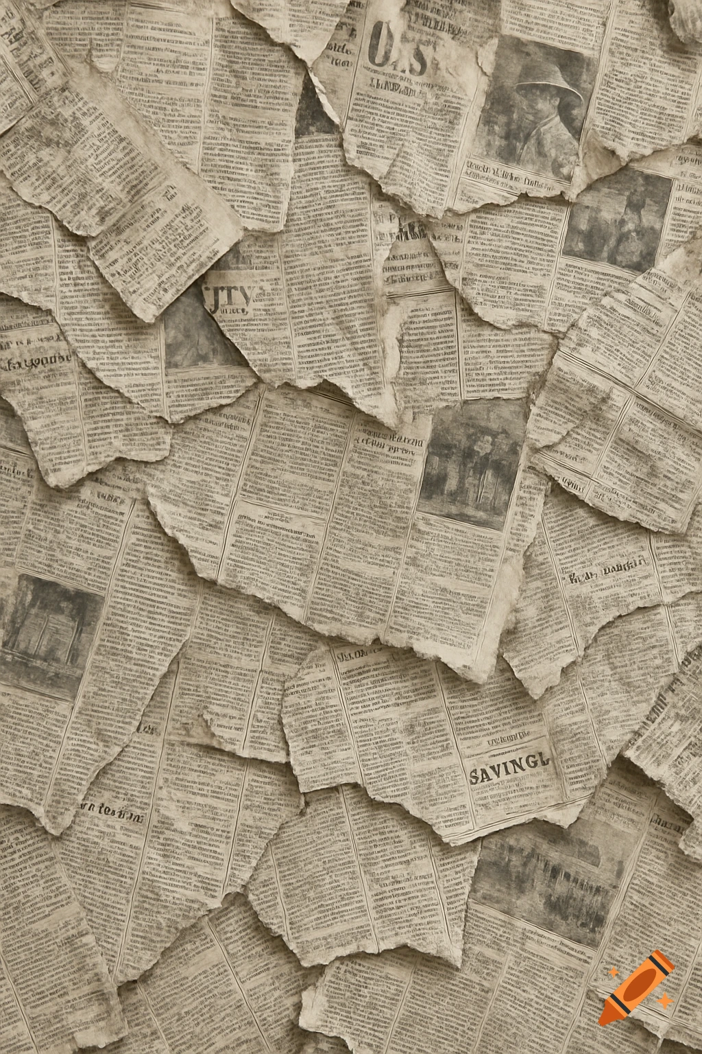 Chaotic arrangement of overlapping, torn, vintage newspaper fragments with faded text and indistinct images.