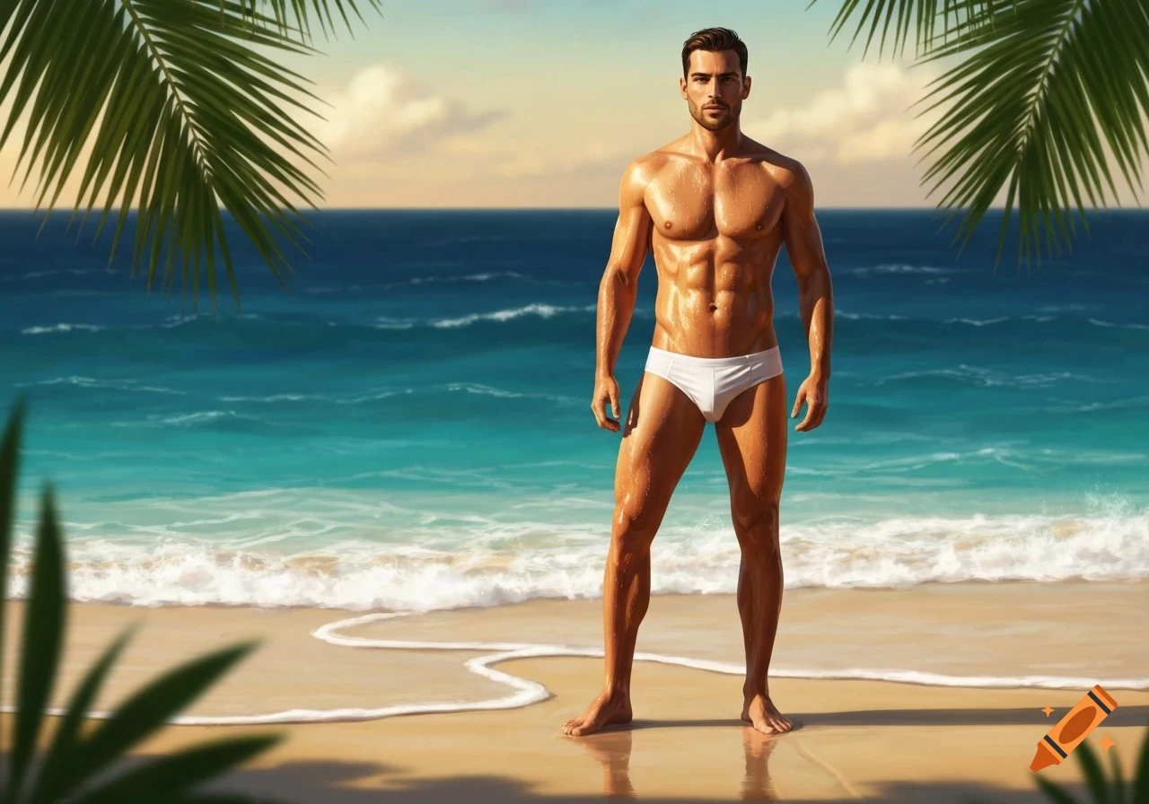 A muscular man in white swim briefs stands on a sandy beach with turquoise water and palm fronds in a photorealistic style.