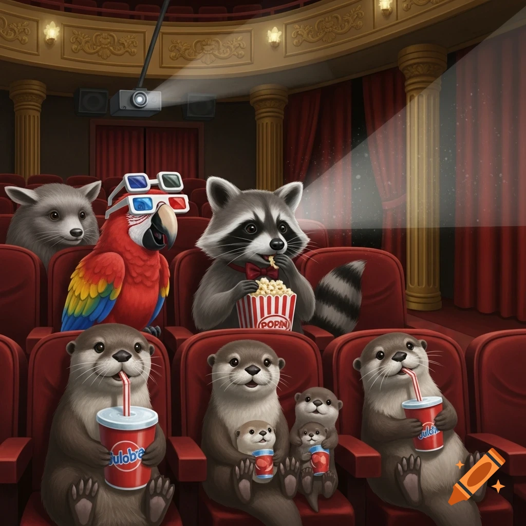 Cartoon raccoons, otters, and a parrot watch a movie in a theater, eating popcorn and drinking soda.