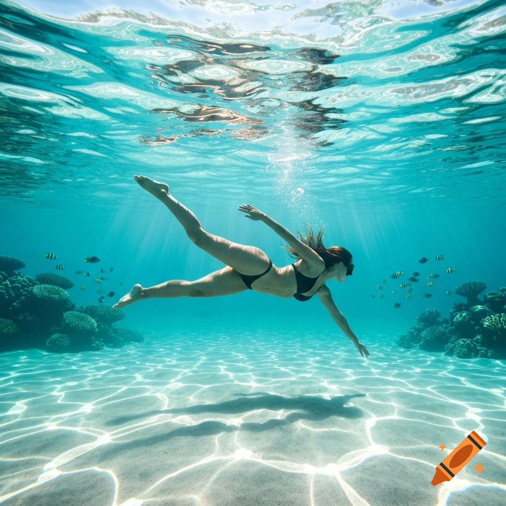 A woman in a black bikini swims gracefully underwater in a sunlit, clear blue ocean with coral and fish below.