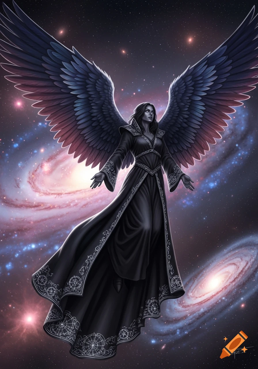 A dark-skinned angel with large black wings and a flowing black robe stands against a backdrop of swirling galaxies.