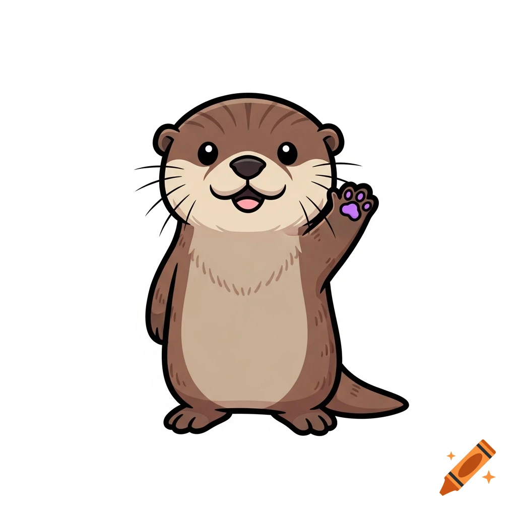 A cute chibi cartoon otter with a friendly smile waves its paw, with purple paw pads.