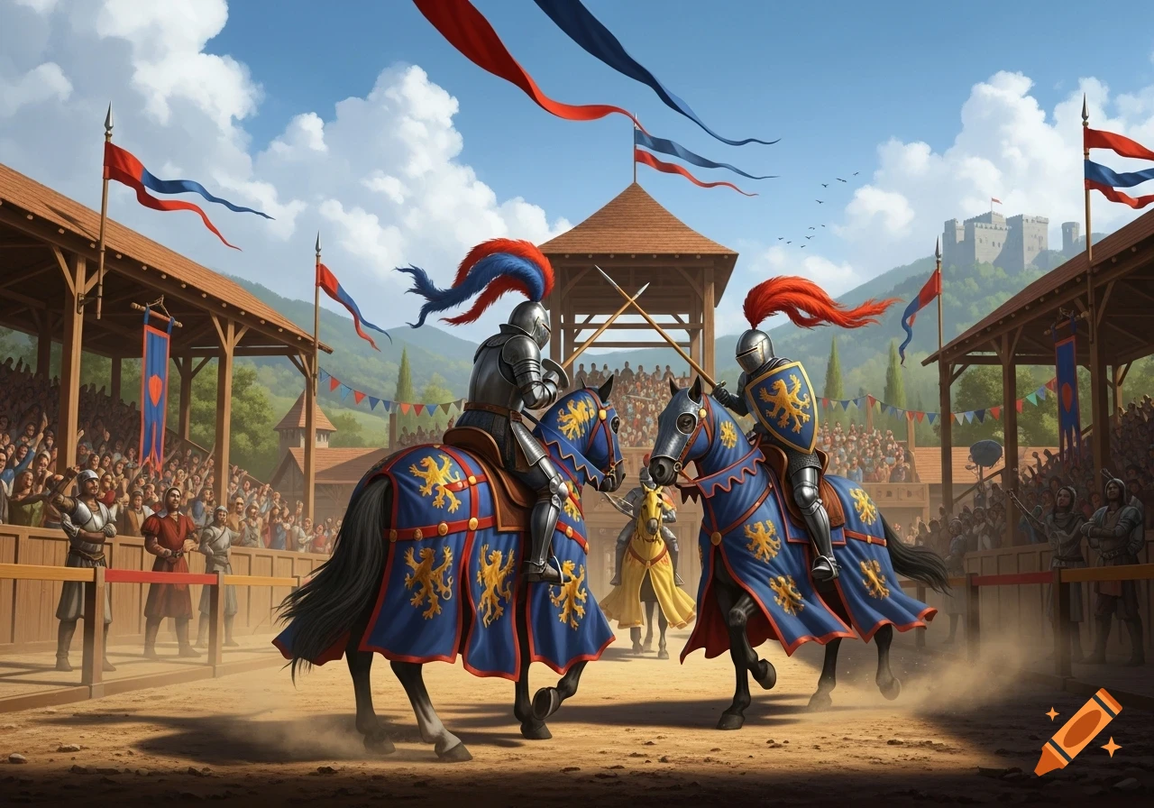 Two knights on horses jousting in a medieval tournament arena with a cheering crowd and castle in the background.