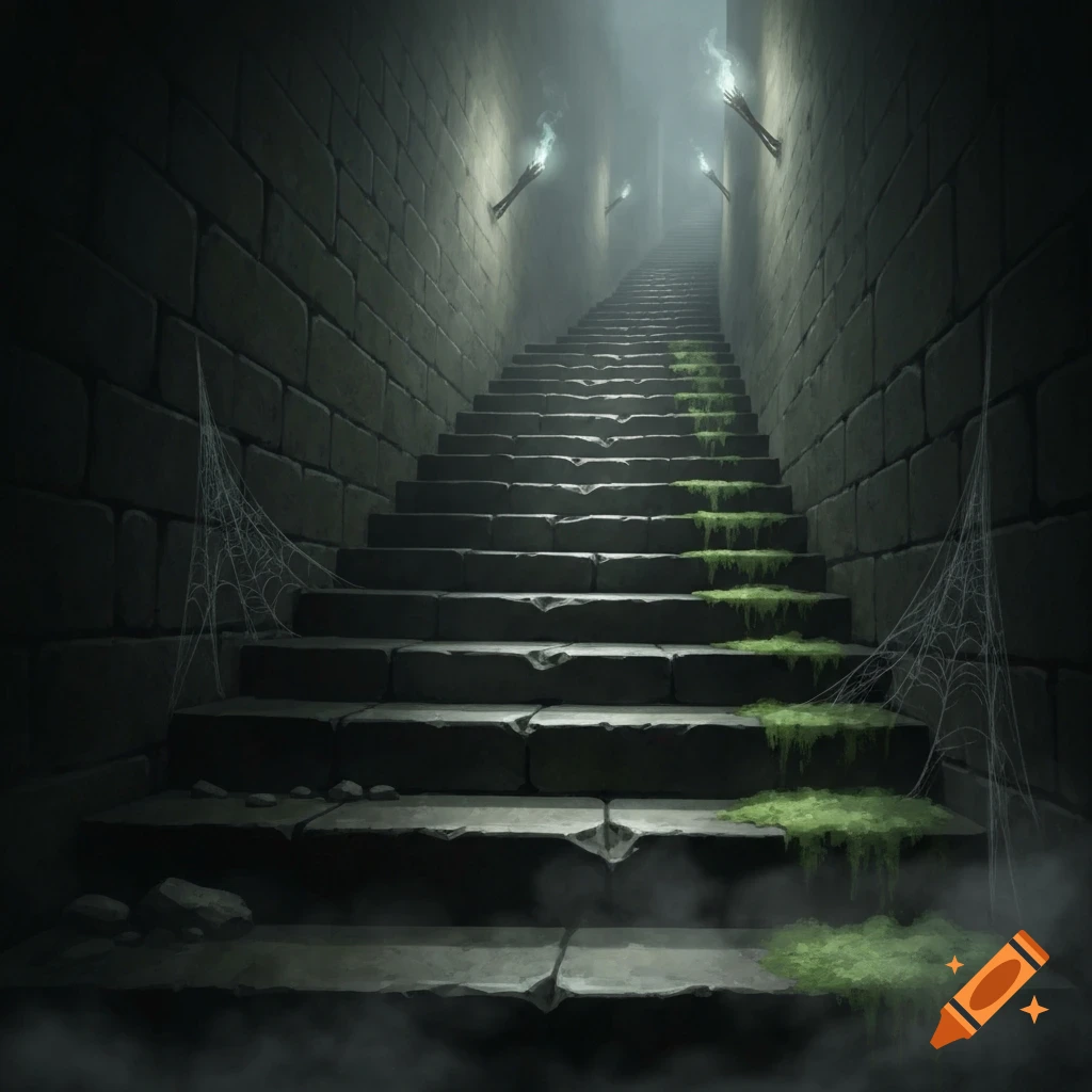 A dark, atmospheric stone staircase ascends into mist, lit by torches on the walls, with moss and cobwebs.