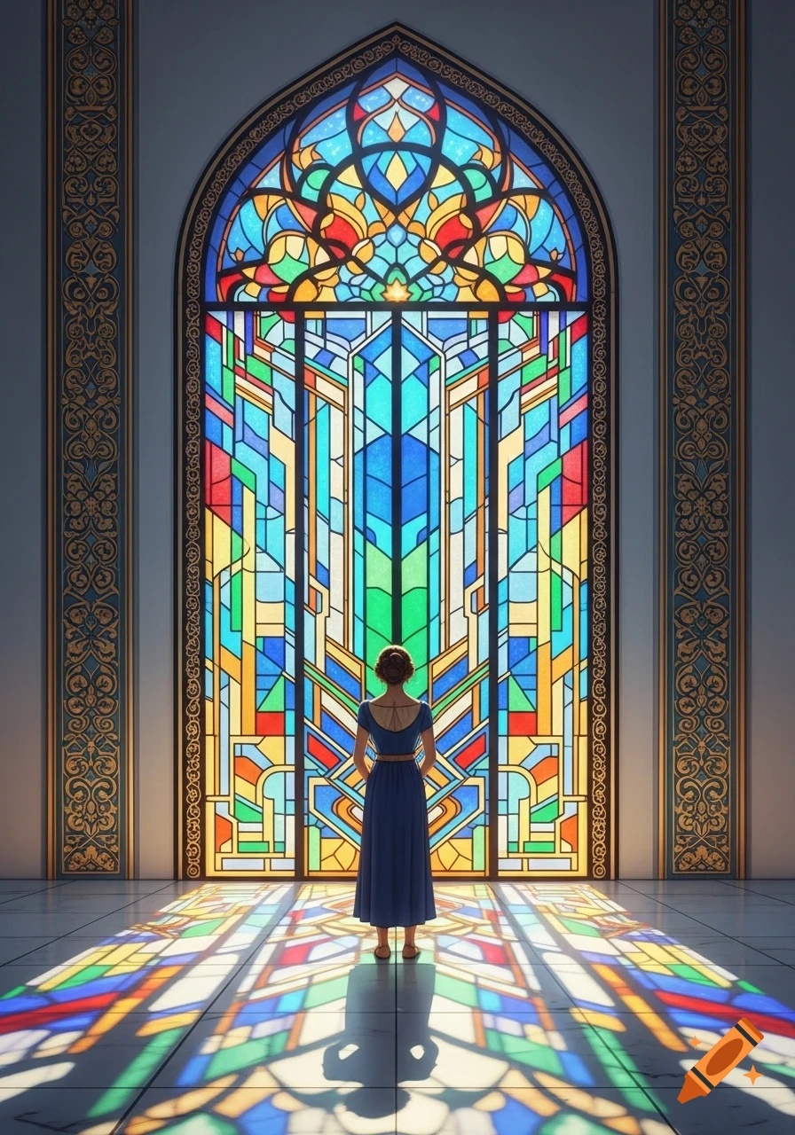 A woman stands facing a large, ornate stained glass window, which casts colorful, geometric patterns of light onto the floor. The room features decorative pillars.