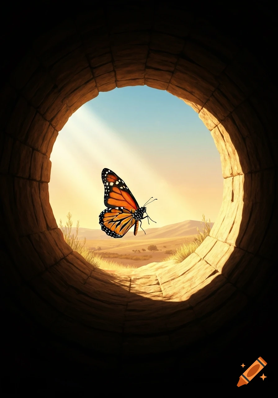 A vibrant monarch butterfly emerges from a dark arched tunnel into a sunlit desert with distant hills.