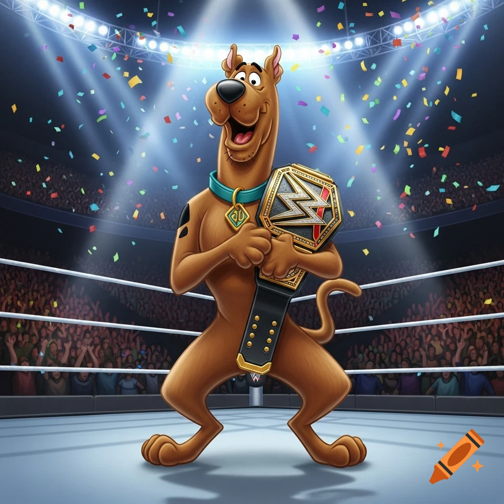Scooby-Doo, the cartoon dog, stands in a wrestling ring, holding a WWE championship belt as confetti falls.