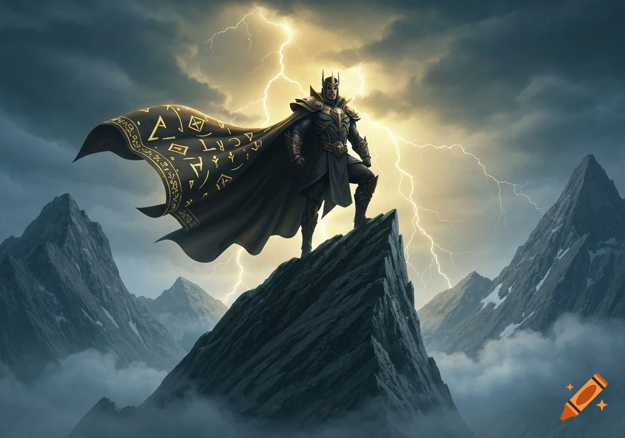 A dark armored fantasy figure with a runic cape stands atop a jagged mountain peak as lightning strikes in a stormy sky.