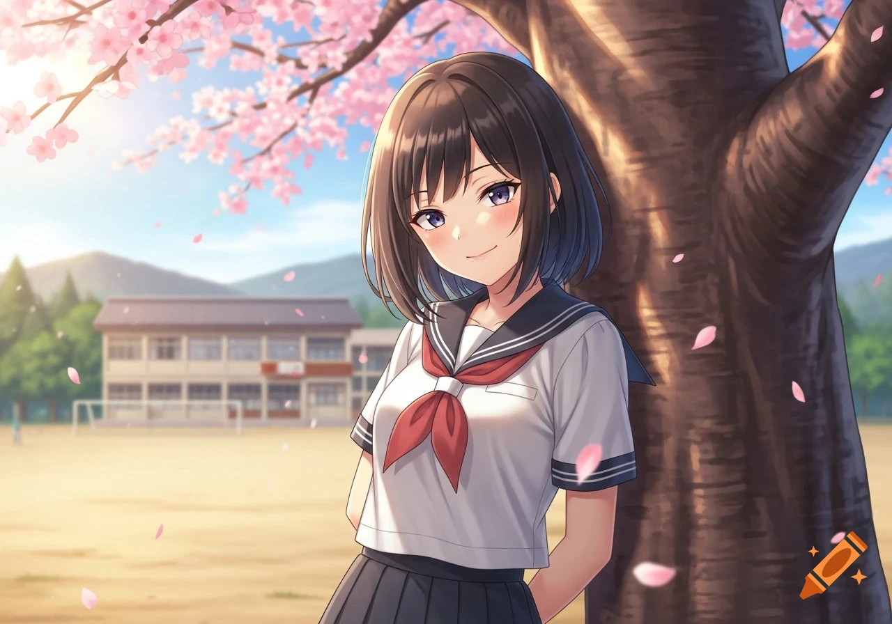 Anime schoolgirl with short dark hair in a sailor uniform smiles under a cherry blossom tree with a school in the background.