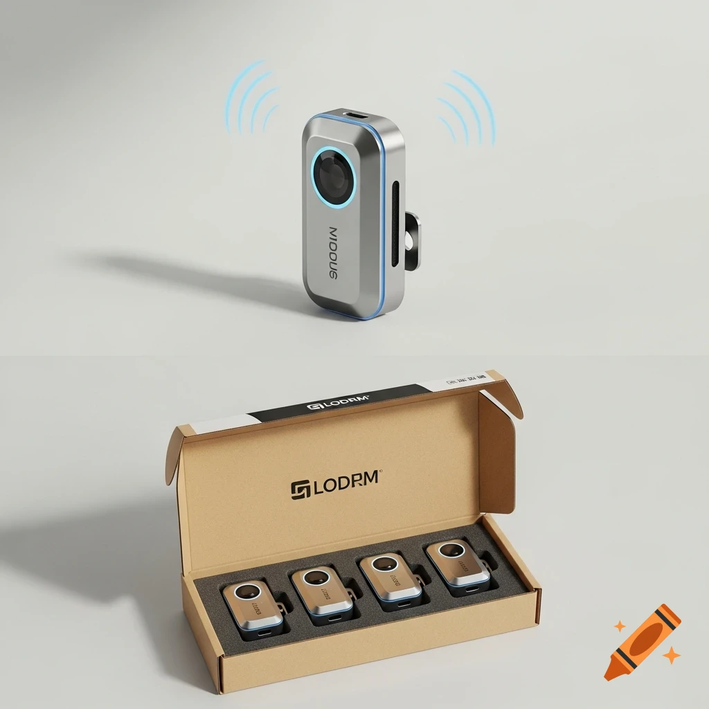 A futuristic silver distance sensor with blue accents and a camera lens, emitting blue waves. Below, a cardboard box holds four identical sensors.