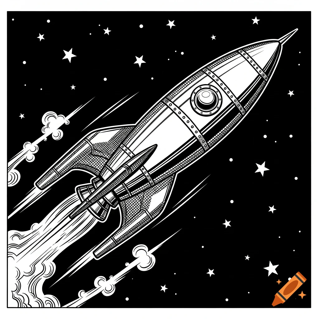 A black and white comic-style rocket blasting off through space with stars in the background.
