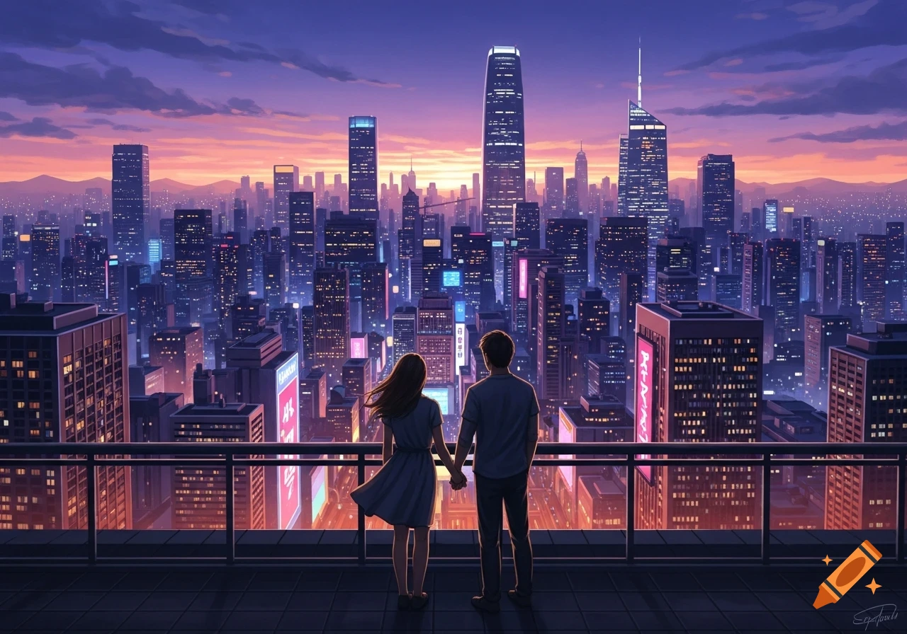A couple holding hands on a rooftop, viewed from behind, looking out at a sprawling, neon-lit city at sunset in an anime art style.