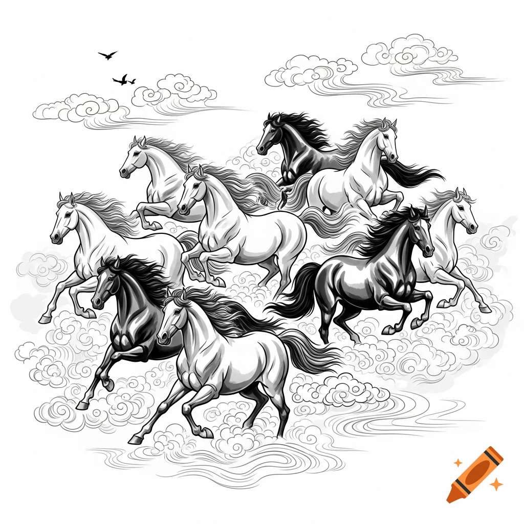 Eight stylized black and white horses gallop amidst decorative clouds, in a Chinese calligraphy art style.