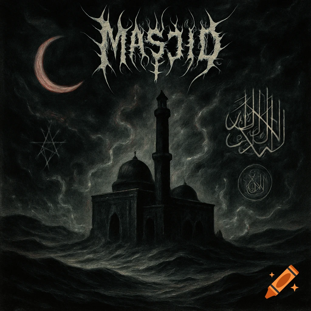 Dark, scratchy black metal album cover art featuring a mosque silhouette against a cloudy, moonlit sky with a crescent moon and stylized calligraphy.