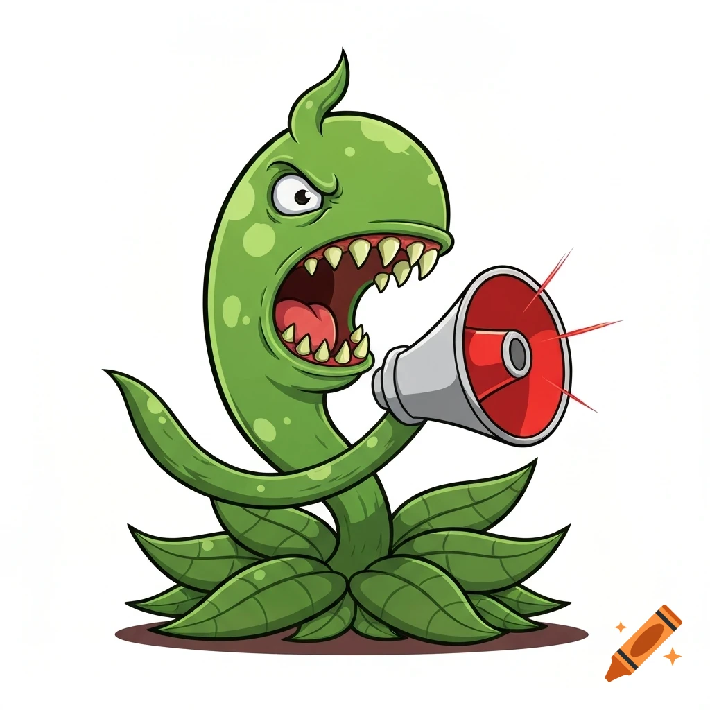 A cartoon green plant monster with sharp teeth and an exaggerated angry expression shouts into a red megaphone.