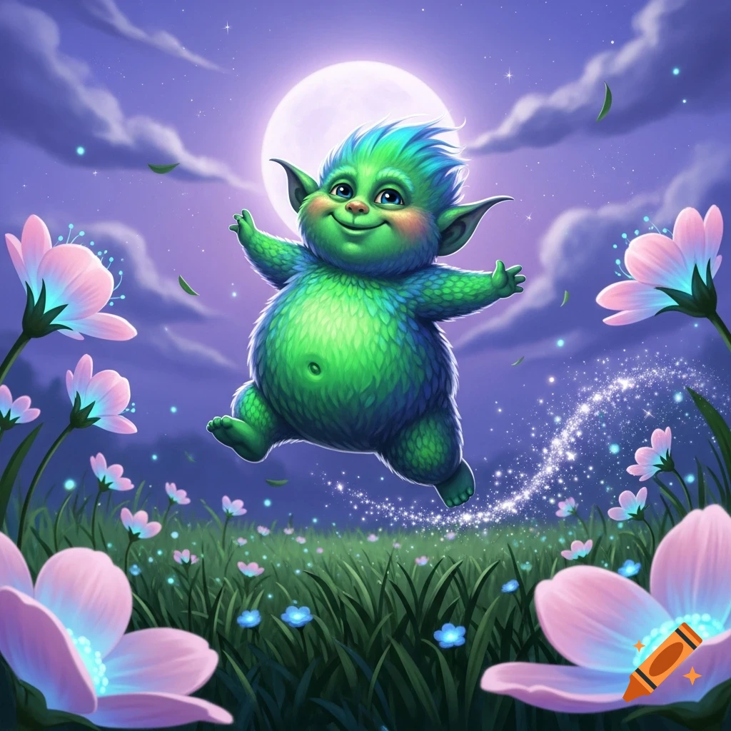 A cute green furry creature with big ears jumps happily in a field of glowing pink and blue flowers under a full moon in a whimsical, colorful style.