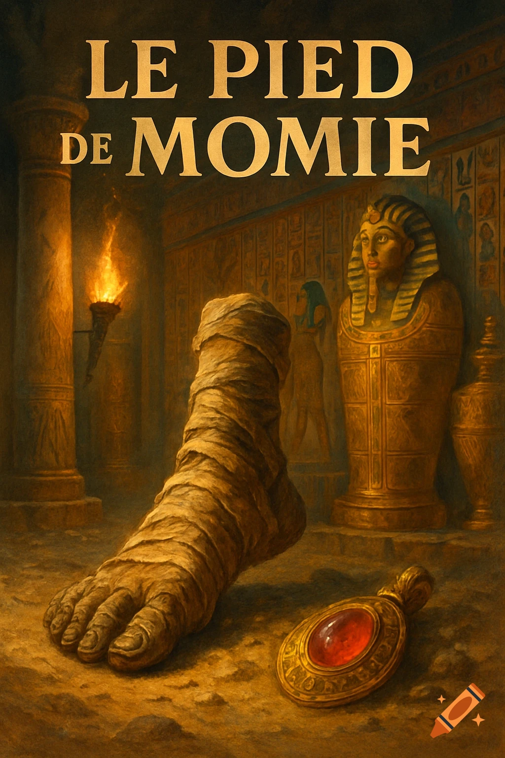 A mummified foot lies in an ancient Egyptian tomb with a pharaoh statue, torch, and hieroglyphs. "LE PIED DE MOMIE" title at top.